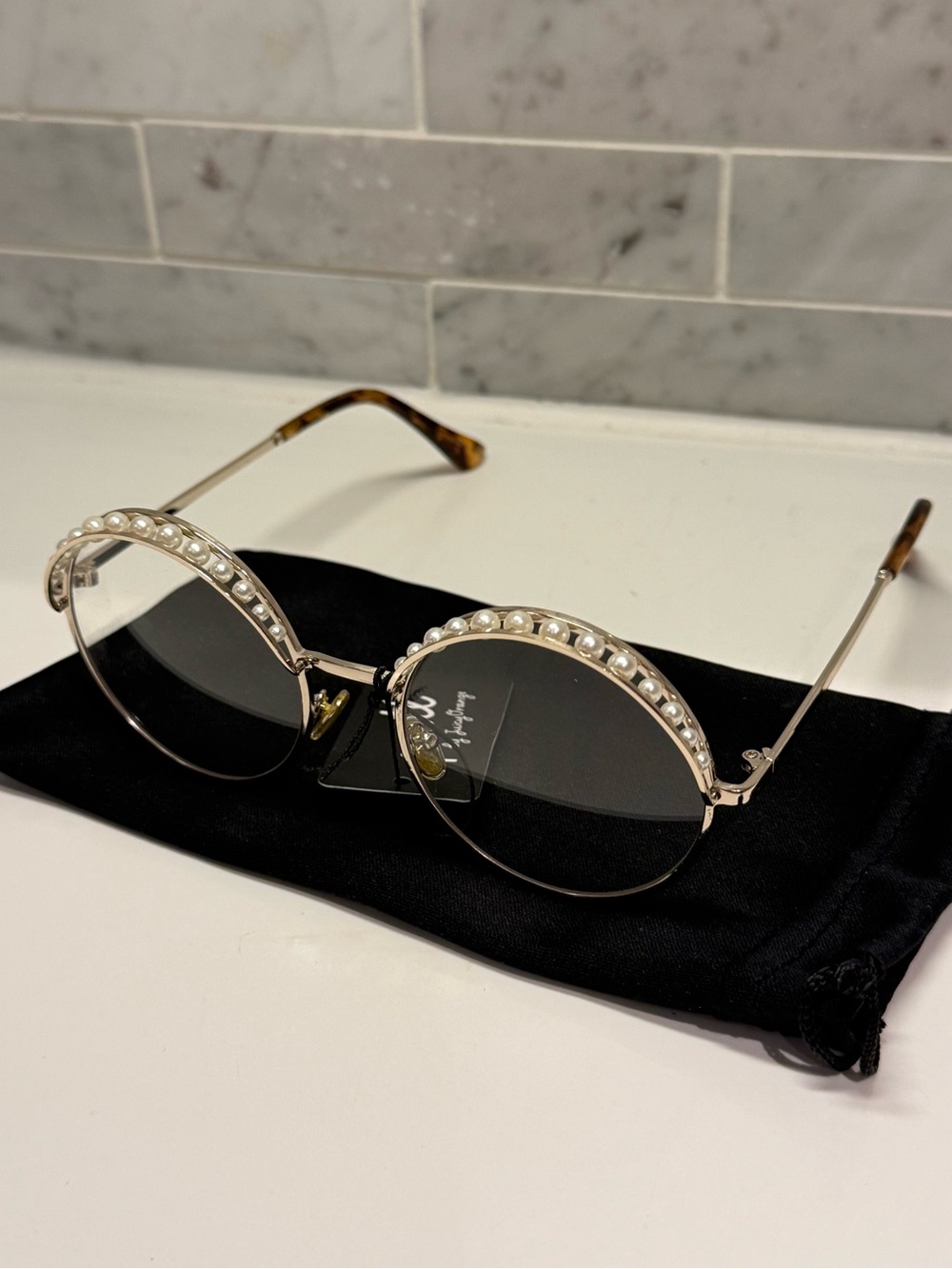 Pearl-Embellished Round Eyeglasses